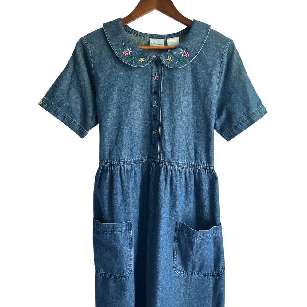 NEW Vintage Bobbie Brooks Medium Cotton Denim Dress Peter Pan Collar Embroidered - Picture 4 of 6